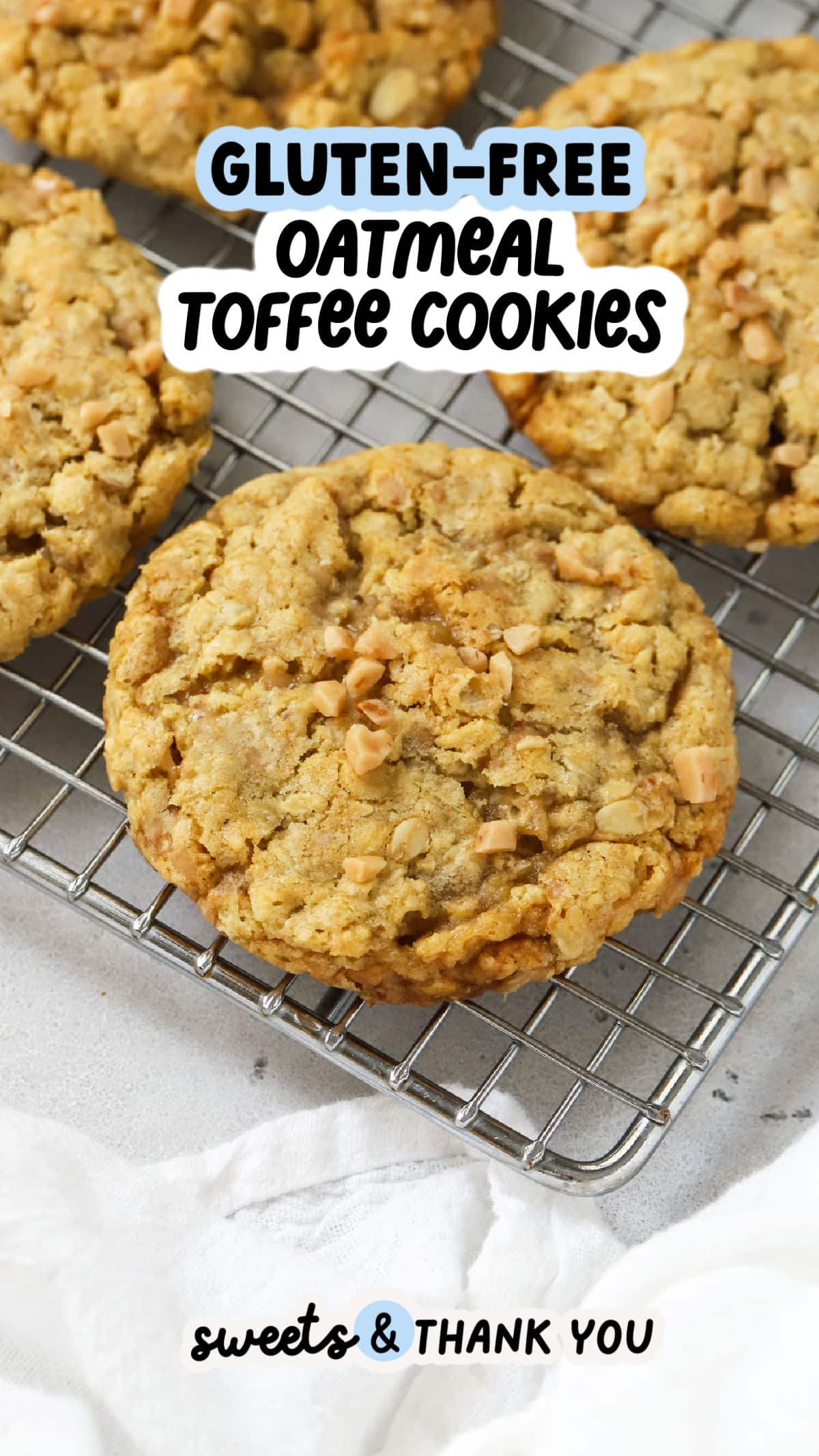 Our Gluten-Free Oatmeal Toffee Cookies combine a soft, chewy oatmeal cookie base with crunchy toffee bits for a yummy bakery-style cookie recipe you'll LOVE! They're a delicious take on classic oatmeal cookies and so easy to make, thanks to simple ingredients. Get the recipe for these gluten-free toffee oatmeal cookies (and a few variations to try!) at sweetsandthankyou.com