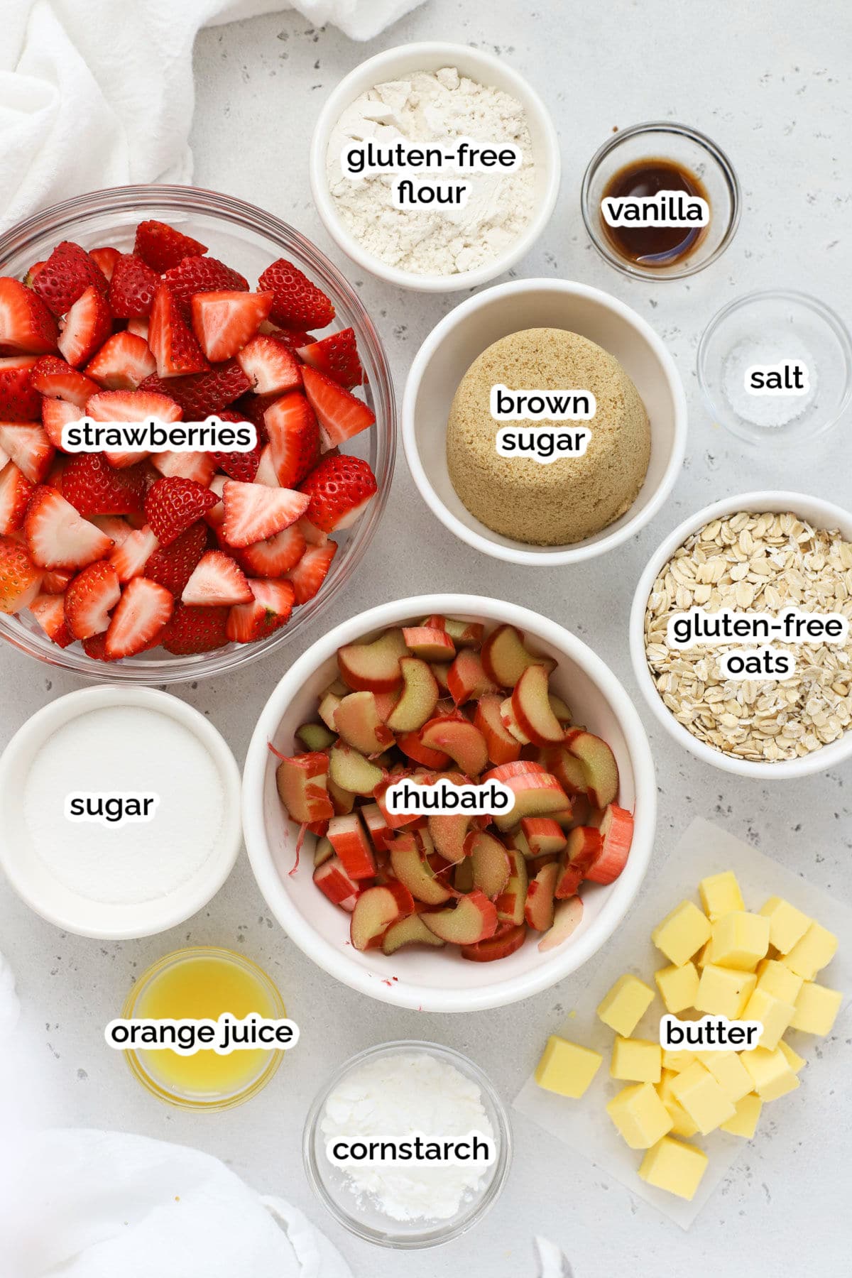 ingredients for gluten-free strawberry rhubarb crisp