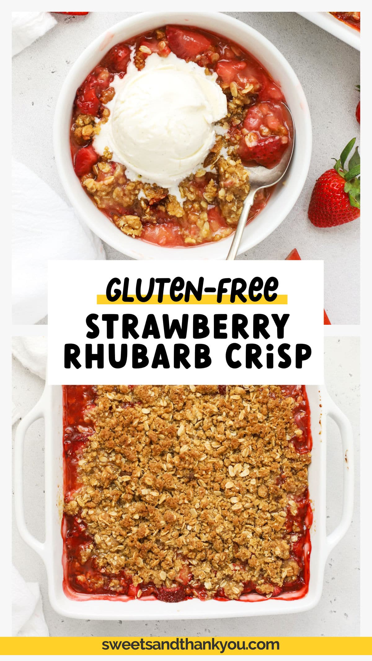 Our Gluten-Free Strawberry Rhubarb Crisp is the perfect summer dessert! This gluten-free strawberry rhubarb crumble is made in just ONE bowl with a handful of simple ingredients. The crispy oatmeal crumble topping, the tartness of the rhubarb & sweetness of the strawberries strike the perfect balance of flavors in this summer fruit crisp, making it the perfect sweet ending for a summer barbecue or cookout or a great Memorial Day or 4th of July dessert recipe. 
