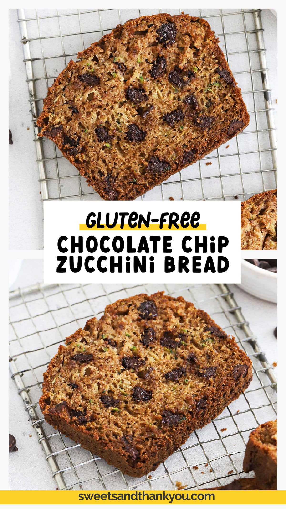 Summer is the perfect time to make this easy gluten-free zucchini bread recipe! You'll love the blend of spices, soft texture, and chocolate chips (or nuts) in every bite! This easy gluten-free chocolate chip zucchini bread is made with simple ingredients & no special skills required! Not into chocolate chips? Try making your zucchini bread with walnuts instead! Get the recipe for this moist gluten free zucchini bread + more zucchini recipes to try at Sweets & Thank You