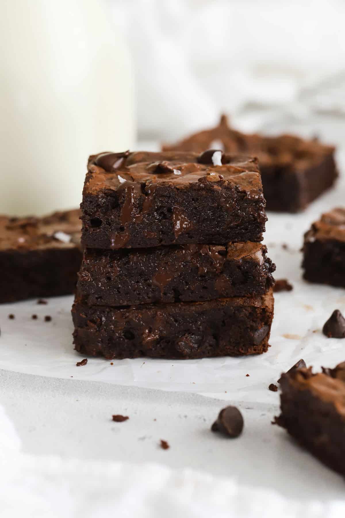 A small batch of gluten-free brownie squares and a bottle of milk